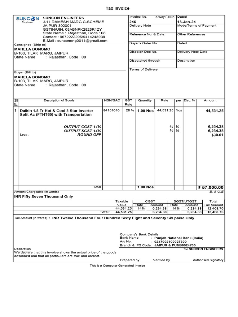 Tax Invoice for Daikin AC Purchase | PDF | Taxation | Payments