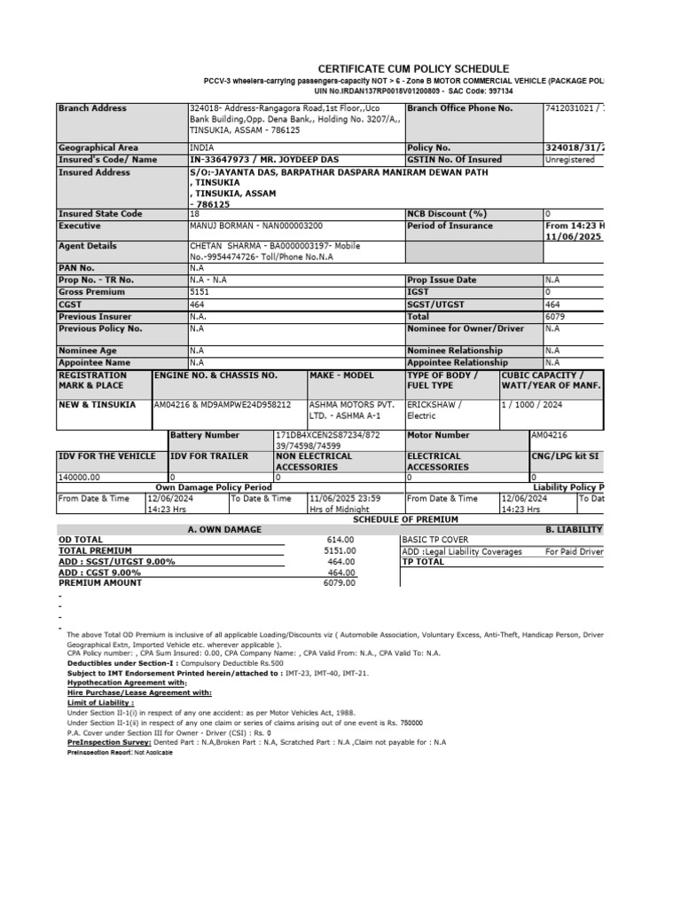 PolicySchedule - 19629710 - 20240612 - 145052 | PDF | Deductible ...