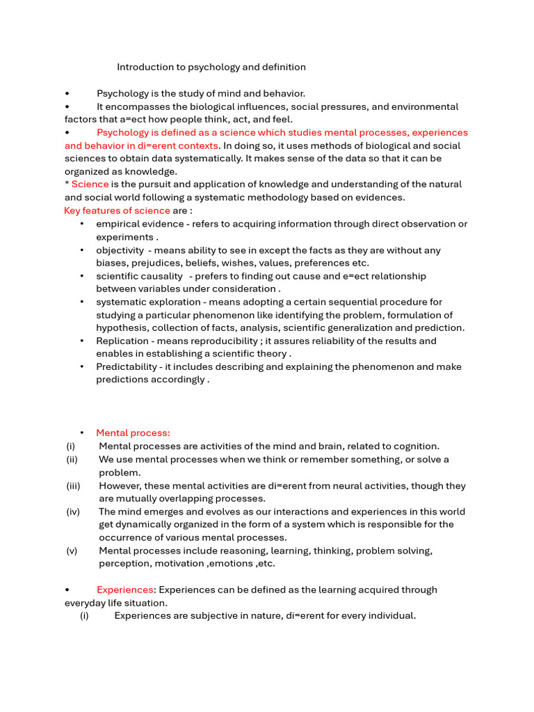 Unit-1, Intro. To Psy. Def - Minor | PDF | Experience | Mind