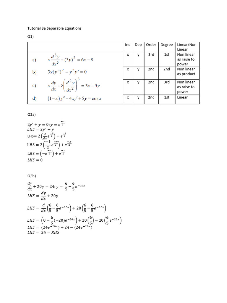 Tut 3a - First Order de and Separable Equation Solution - New2 | PDF ...
