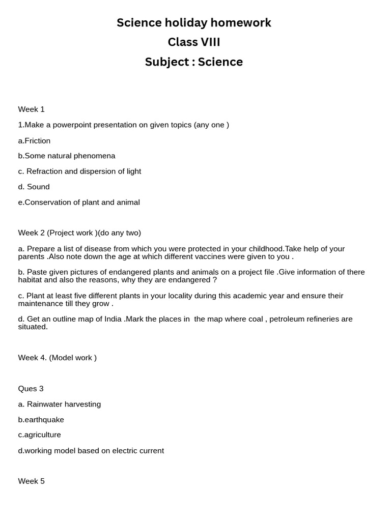 Class VIII Science Holiday Homework Guide | PDF