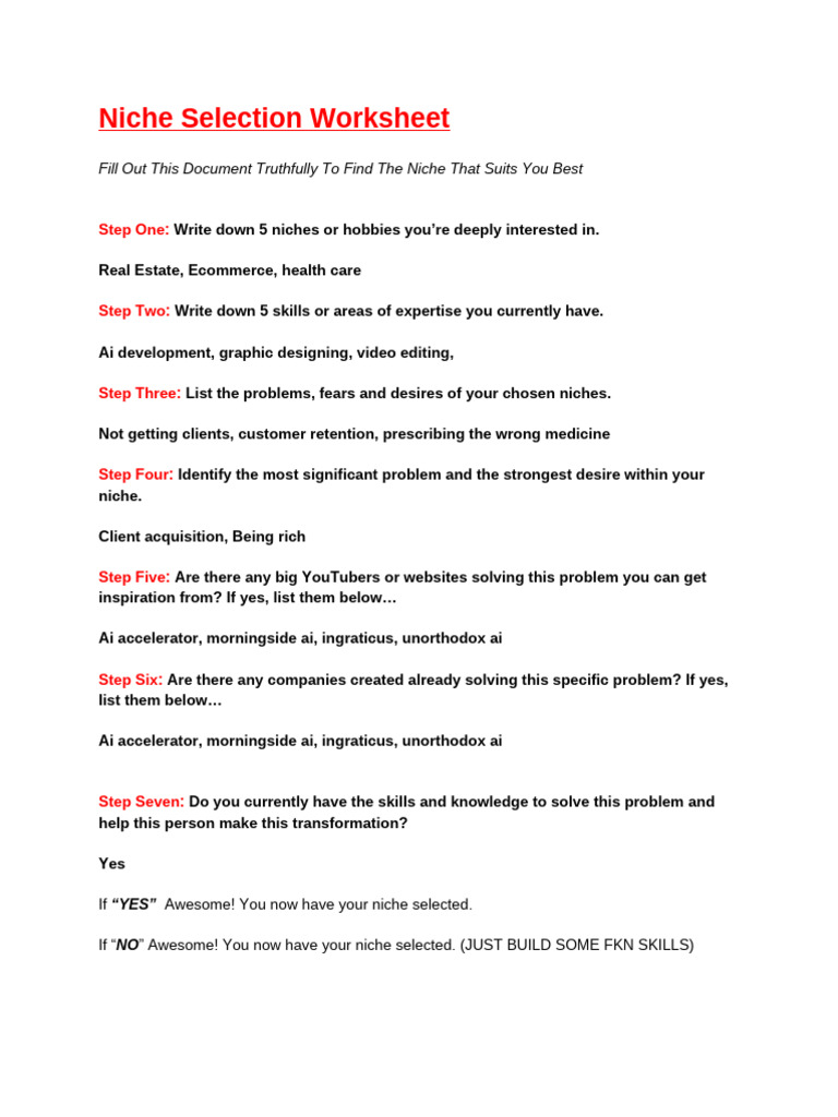 Niche Selection Worksheet by @javanzhangbiz On YT, IG, TikTok, & X | PDF