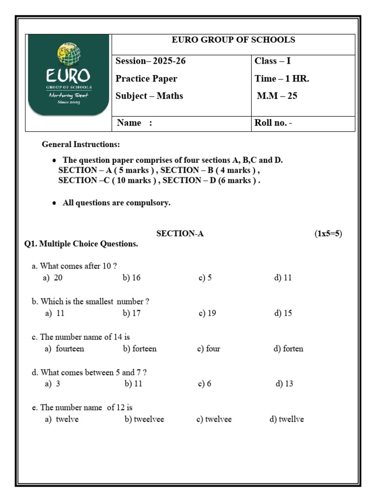 Class I Maths Practice Paper 2025-26 | PDF