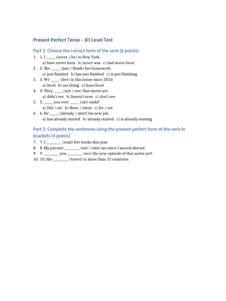 Present Perfect Tense B1 Test | PDF