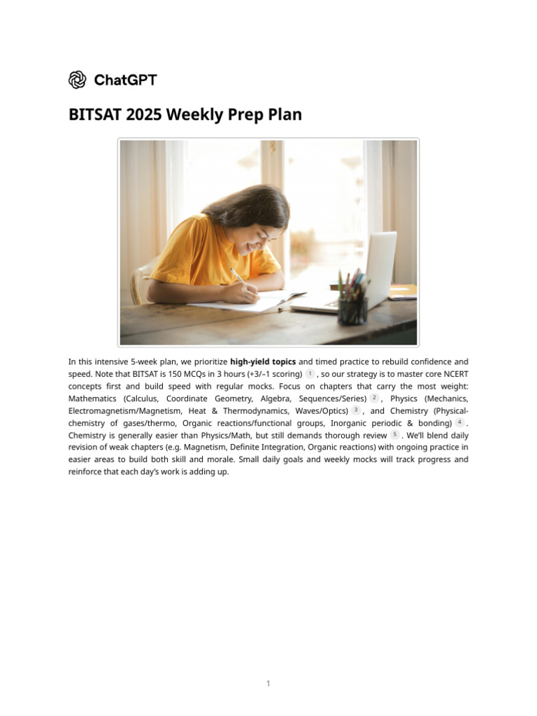 Bitsat 2025 Weekly Prep Plan Pdf Physics Integral