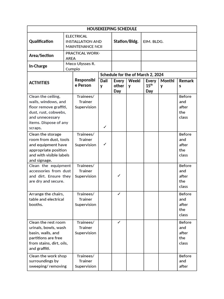 Housekeeping Schedule | PDF | Housekeeping | Cleaning
