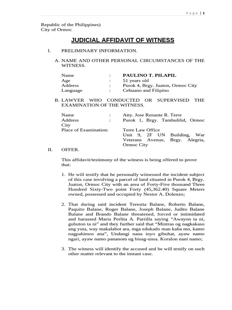 Judicial Affidavit of Witness in Ormoc | PDF | Common Law | Testimony