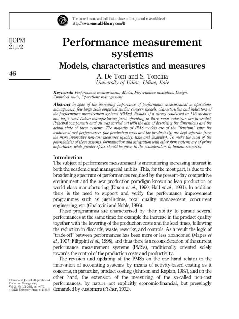 Performance Measurement Systems in Operations | PDF | Principal ...