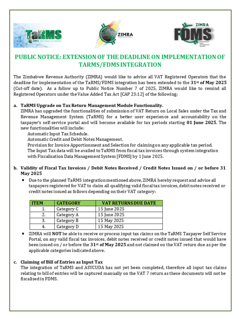 ZIMRA Extends TaRMS/FDMS Deadline to 2025 | PDF | Value Added Tax | Invoice