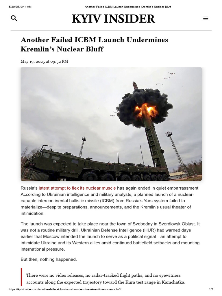 Another Failed ICBM Launch Undermines Kremlin's Nuclear Bluff | PDF ...
