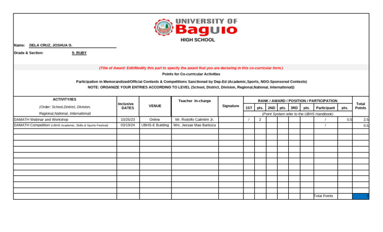 High School Co-Curricular Activities Form | PDF
