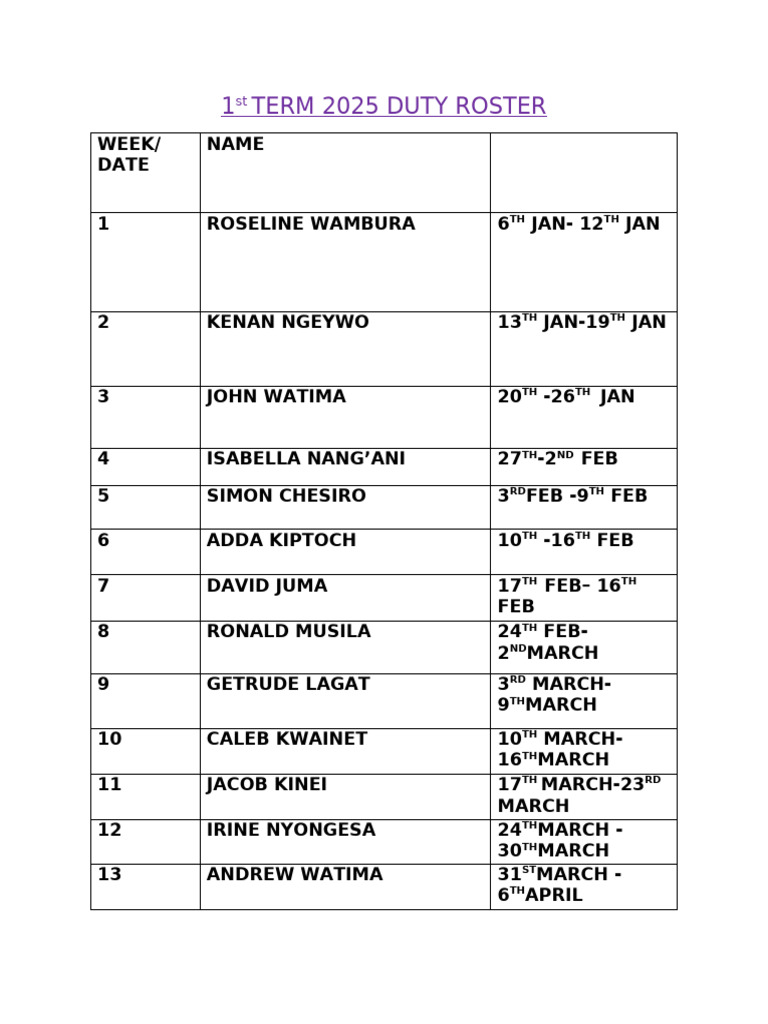 2025 Duty Roster Schedule | PDF