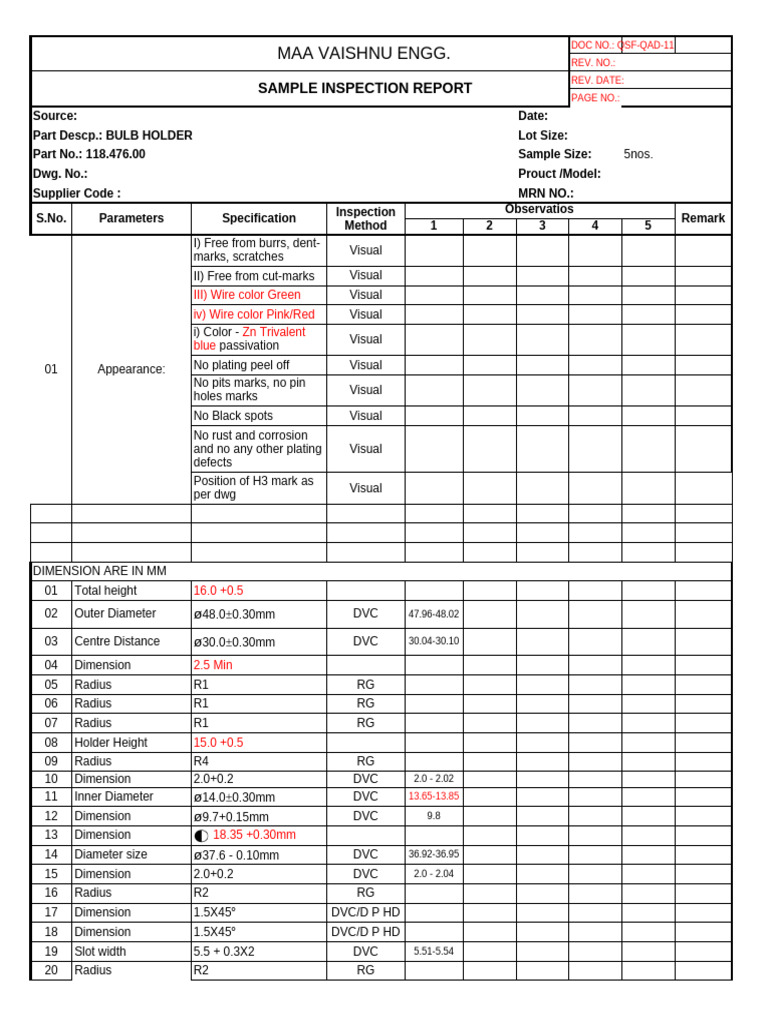 1-Sample Inspection Report | PDF
