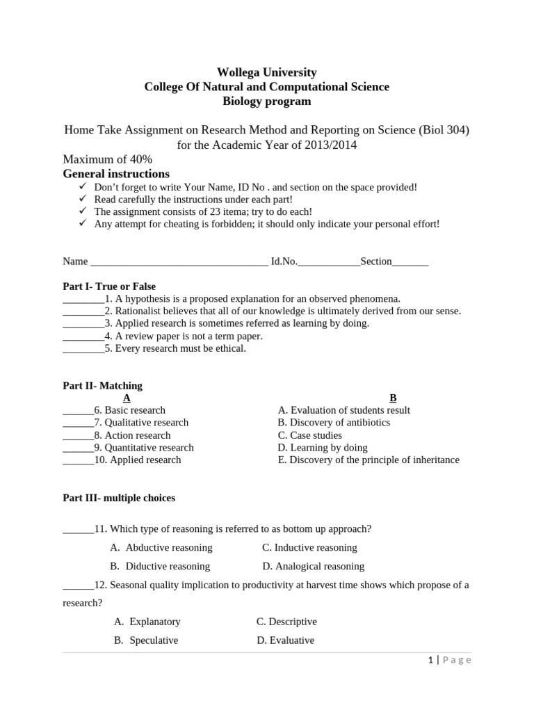 Biology Research Methods Assignment Guide | PDF | Science | Scientific ...
