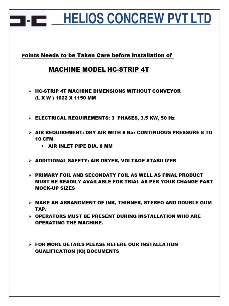 Pre Installation Points For HC - Strip 4T | PDF