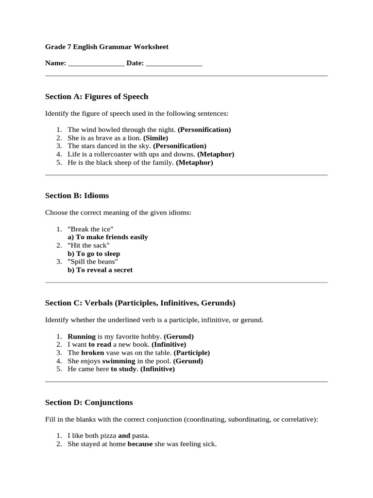Grade 7 English Grammar Exercises | PDF | Clause | Phrase