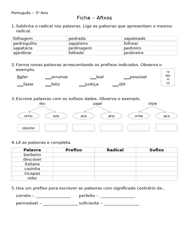 Atividades sobre Afixos para 3º Ano | PDF