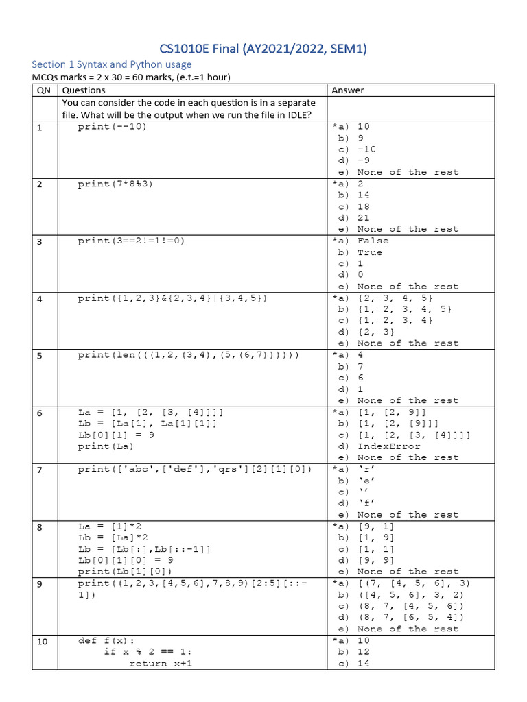 CS1010E Python Syntax MCQs Exam Guide | PDF | Theoretical Computer ...