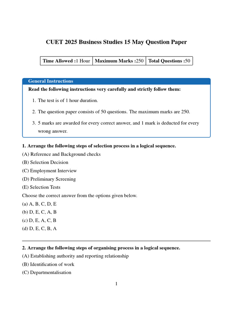 CUET 2025 Business Studies Paper | PDF | Self Actualization | Cognitive ...