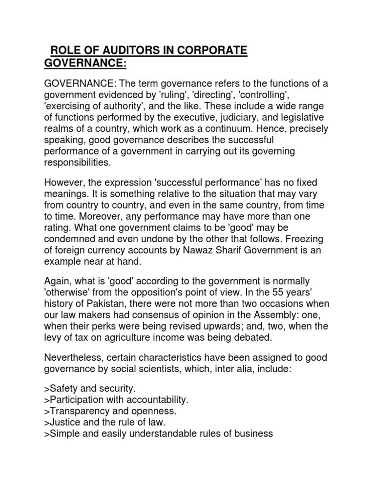 Role Of Auditor In Corporate Governance Pdf Audit Governance