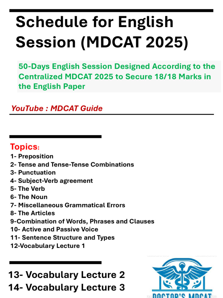 MDCAT 2025 English Schedule | PDF | English Language | Verb