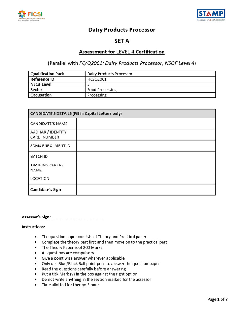 Dairy Products Processor Set A: Level-4 (Parallel With) | PDF