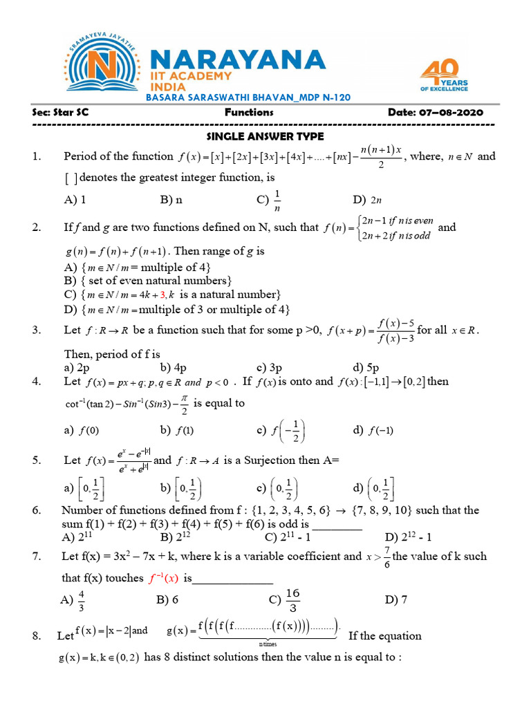 Functions 07-08-2020 | PDF | Function (Mathematics) | Equations