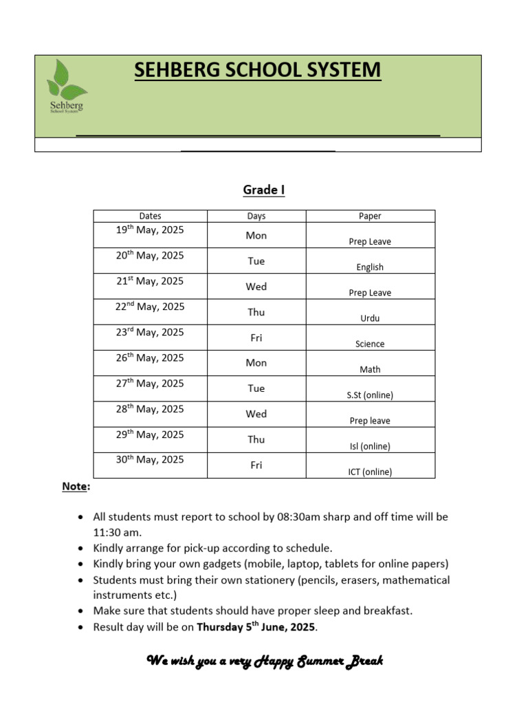 Sehberg School Final Term Date Sheet 2025 | PDF