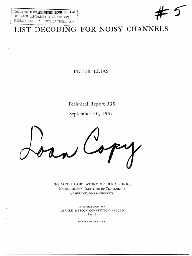 1957 - Elias - List Decoding For Noisy Channels | PDF | Statistical ...