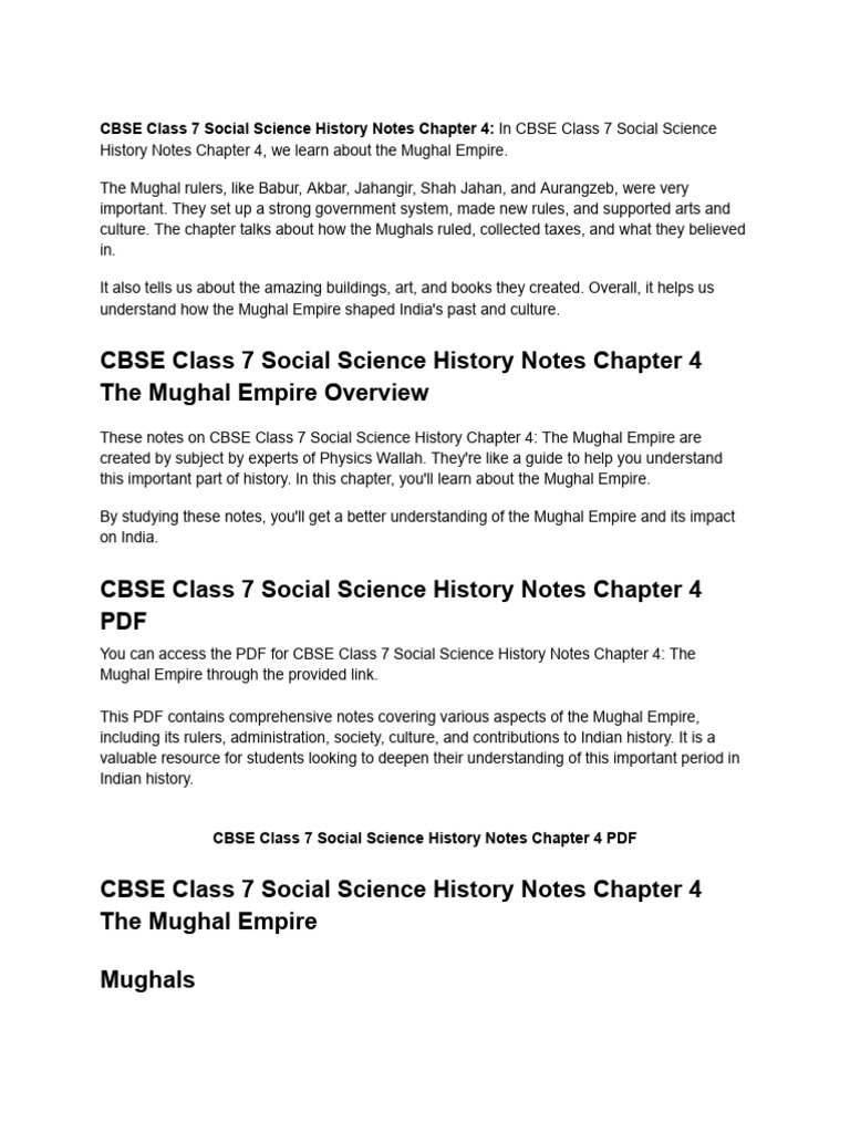CBSE Class 7 Social Science History Notes Chapter 4 The Mughal Empire ...