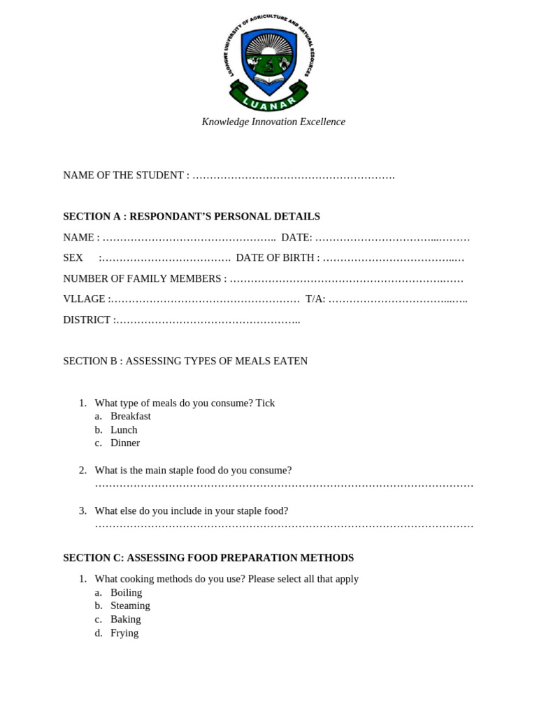 COMMUNITY NUTRITION Questionare | PDF