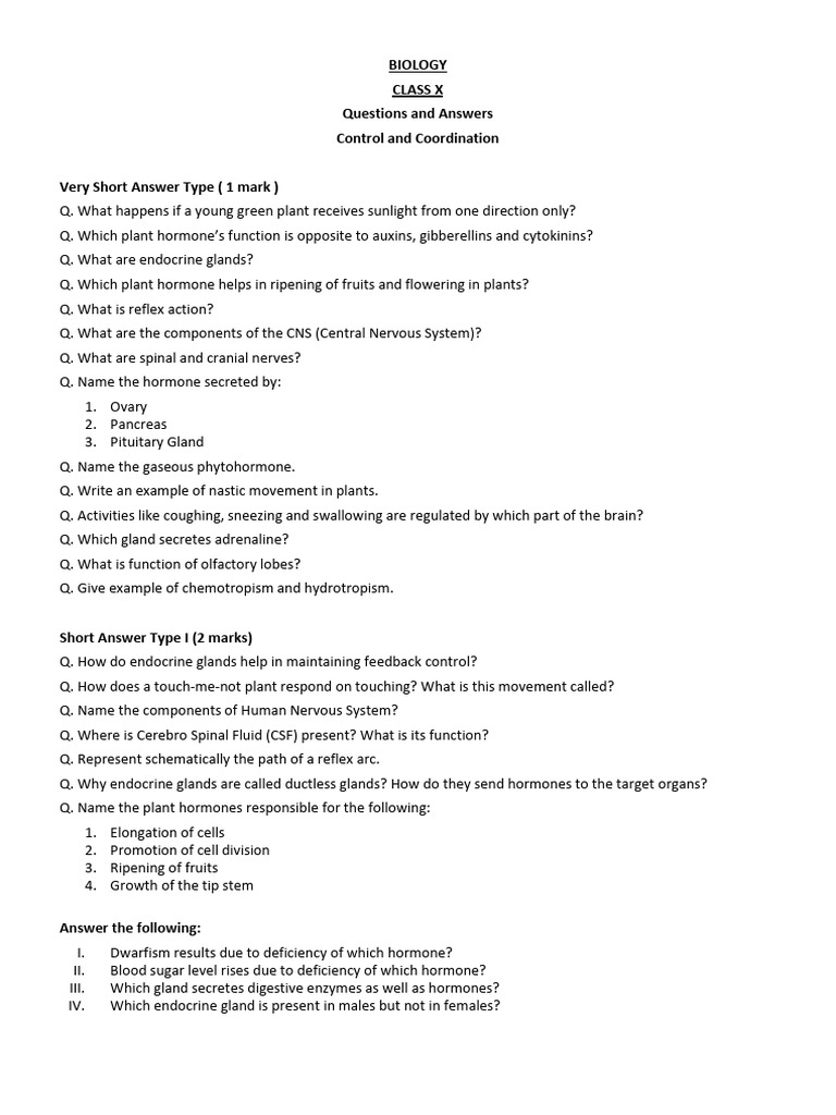 Control and Coordination in Biology: Q&A | PDF | Hormone | Endocrine System