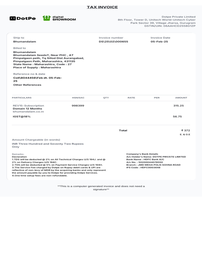 Tax Invoice for Dotpe Services | PDF | Service Industries | Economies