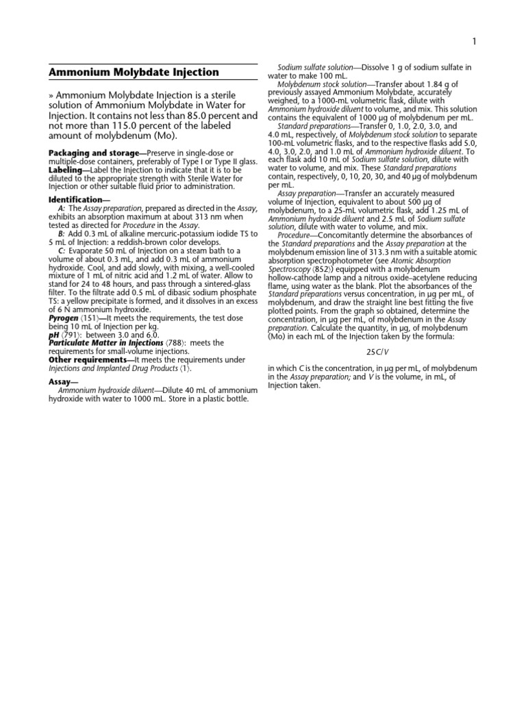 Ammonium Molybdate Injection Guide | PDF | Molybdenum | Sodium