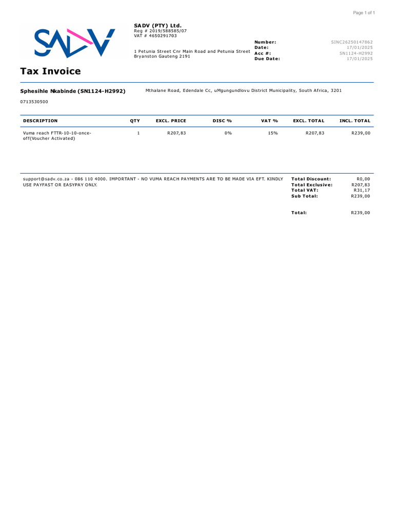 Tax Invoice: Sa DV (Pty) LT D | PDF