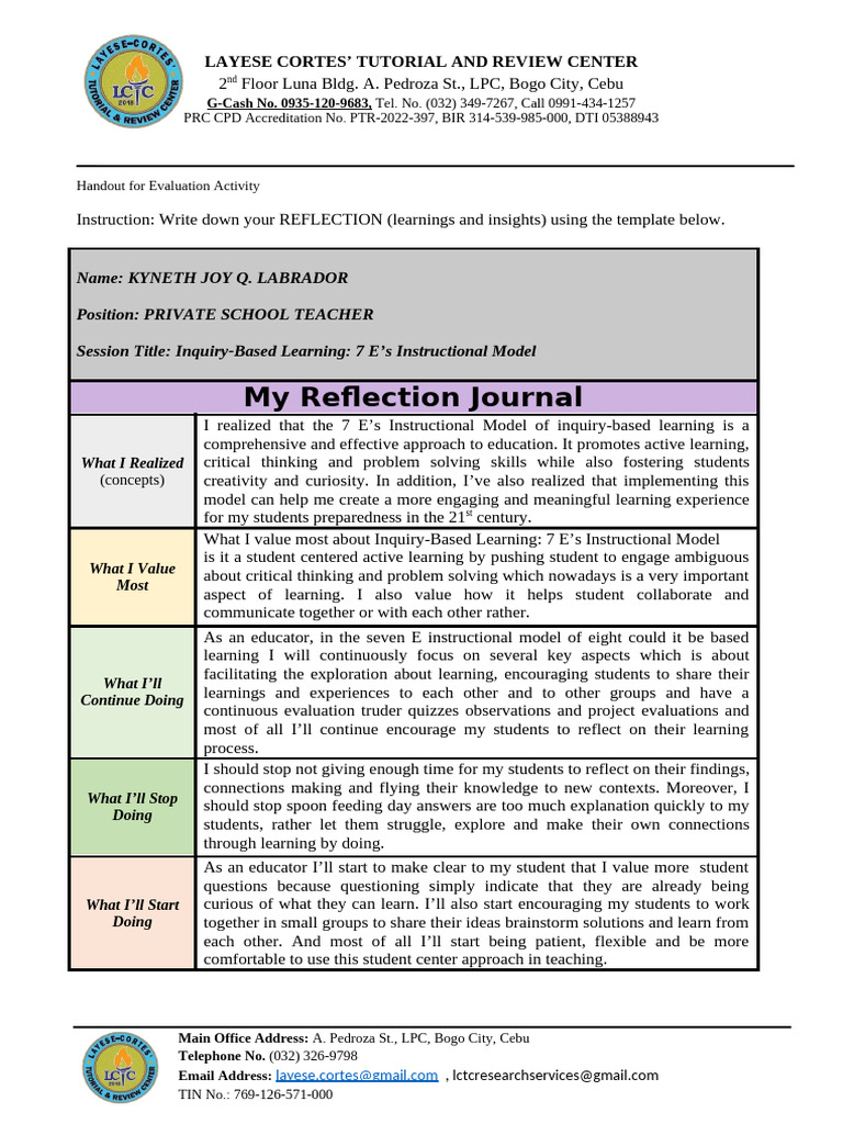 Reflection on 7 E's Instructional Model | PDF | Inquiry Based Learning ...