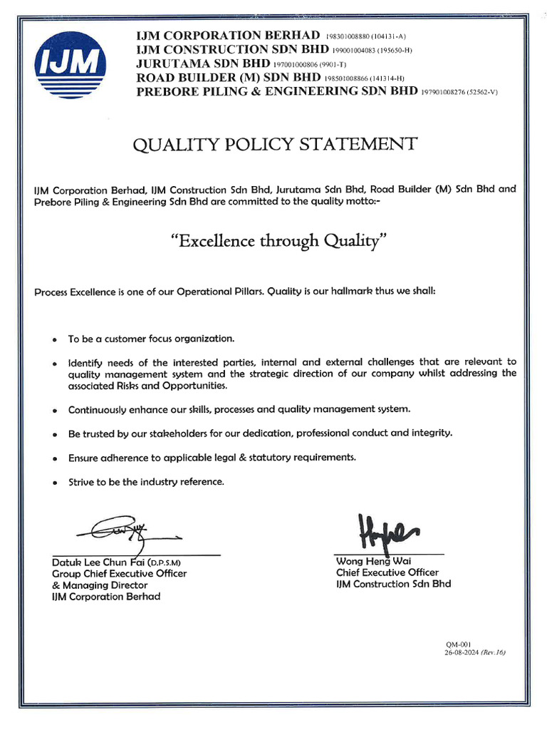QM-001 - Quality Policy Statement Rev 16 | PDF