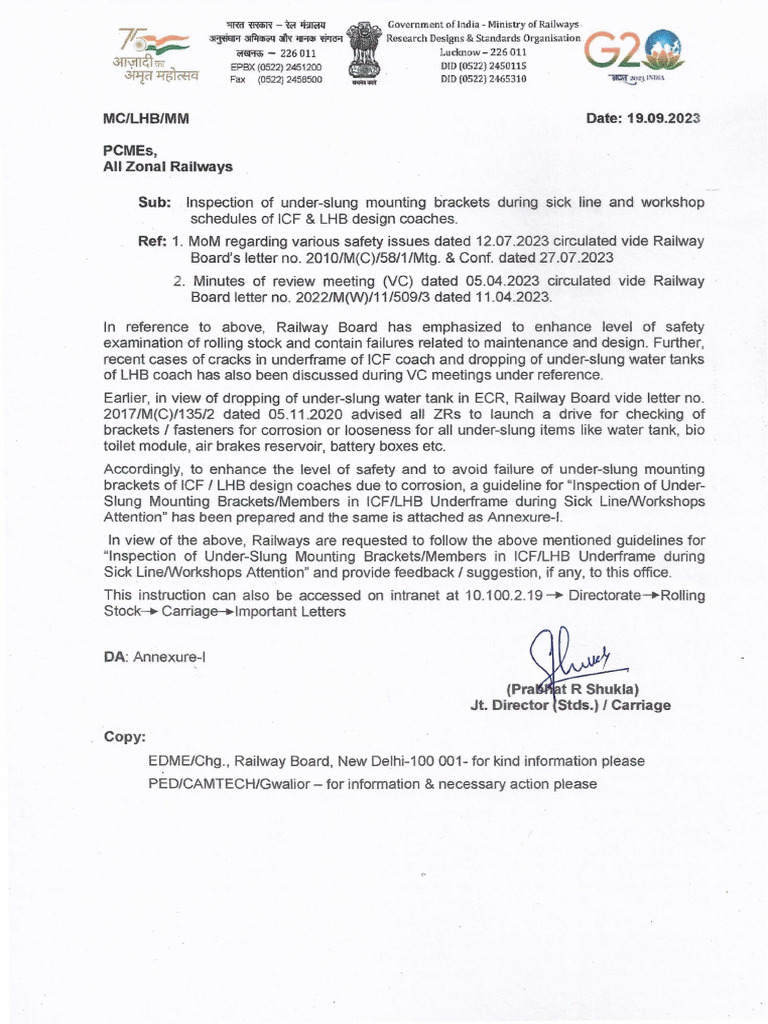 RDSO MC - LHB.MM dt.19.06.23 Inspection of Underslung Bracket | PDF ...