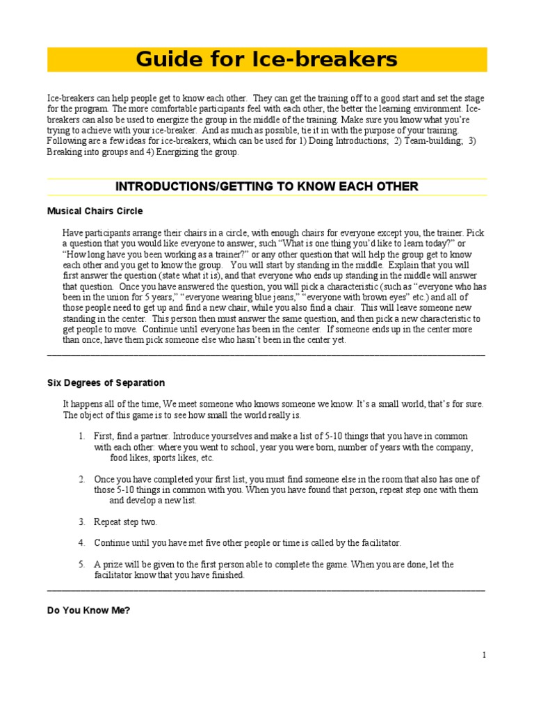 Guide For IceBreakers Introductions/Getting To Know Each Other PDF