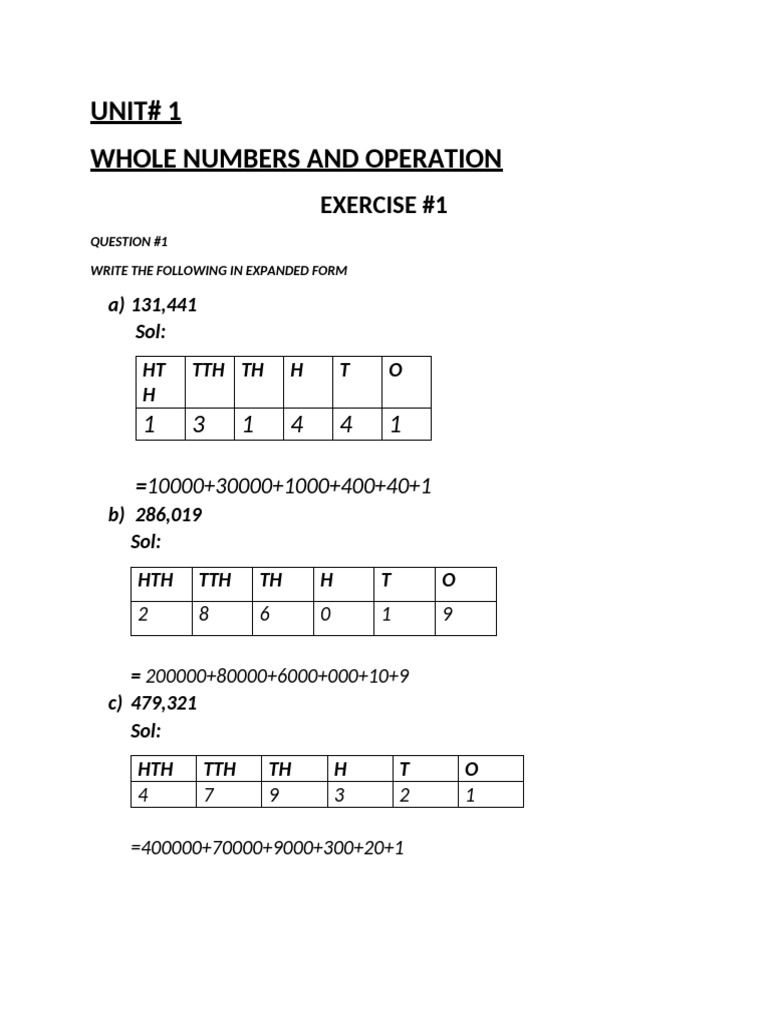 Whole Numbers and Operations Exercises | PDF