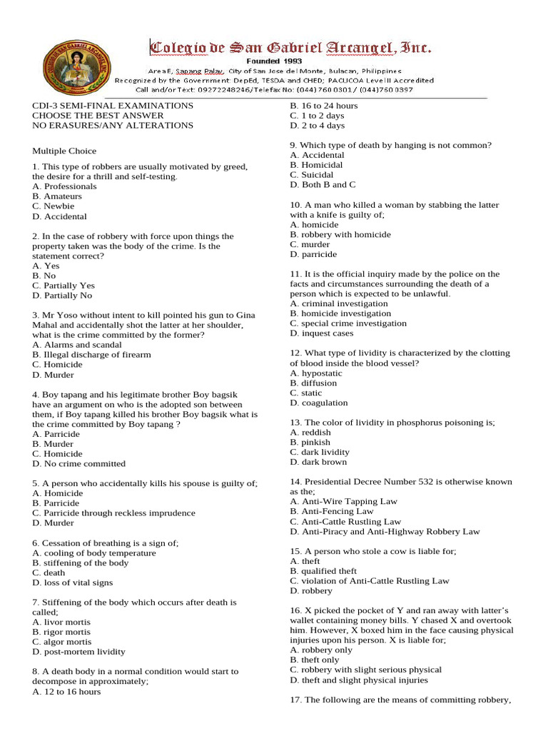 CDI-3 Semi-Final Exam: Criminal Law Quiz | PDF | Crimes | Crime & Violence