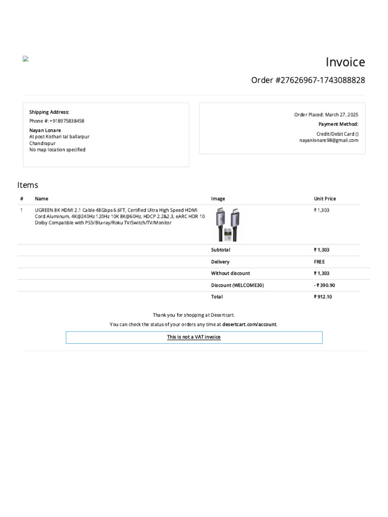 UGREEN 8K HDMI Cable Order Invoice | PDF