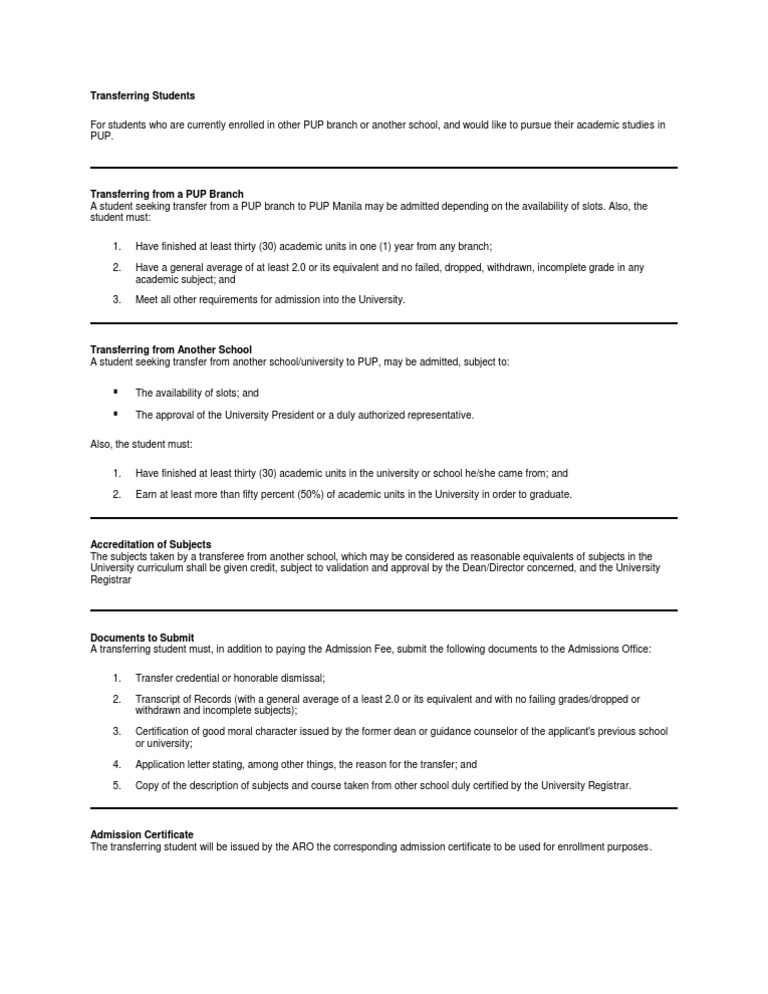 PUP Student Transfer Guidelines | PDF