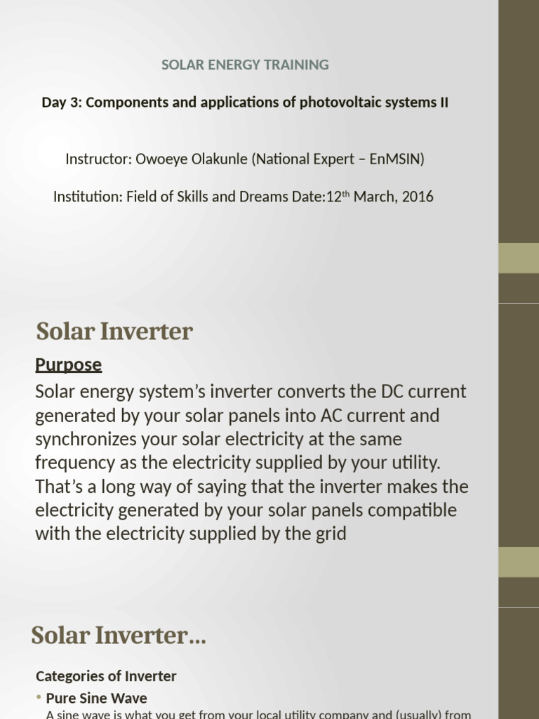 Day 3 - Solar Energy Training | PDF | Power Inverter | Photovoltaic System