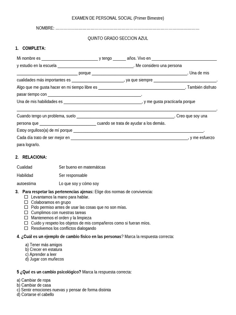 Examen de Personal Social Quinto Grado | PDF | Autoestima | Sicología
