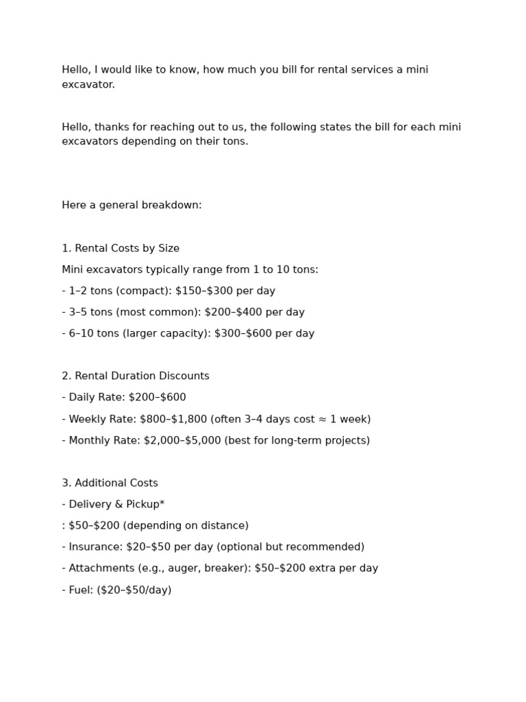 Mini Excavator, Dozer, Tractor & Truck Rental Costs | PDF | Tractor ...