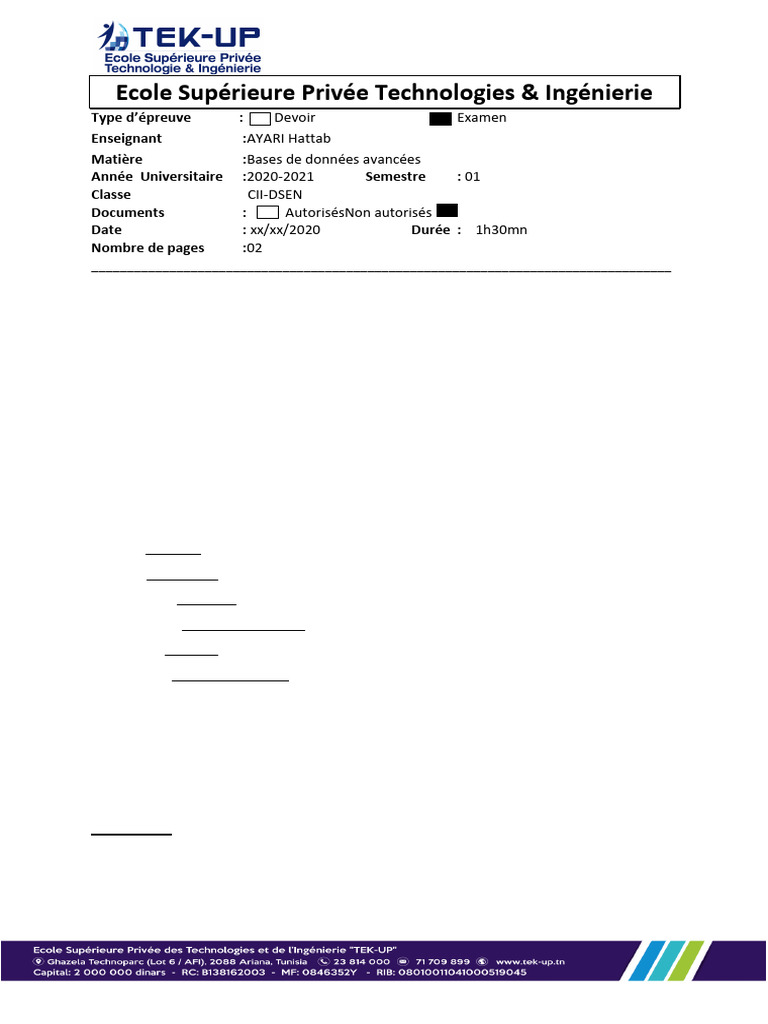 Examen - DSEN - BDA 2 - TEK-UP2020 - 2021 | PDF | Bases de données ...
