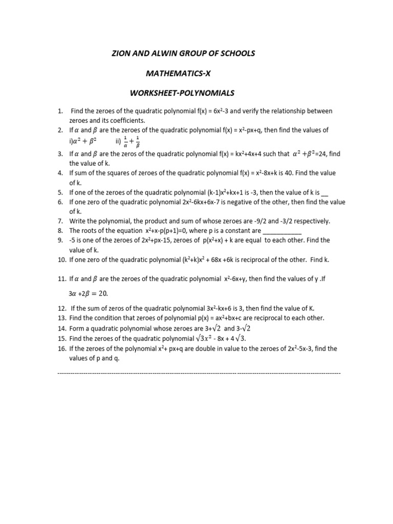Polynomials Worksheet | PDF