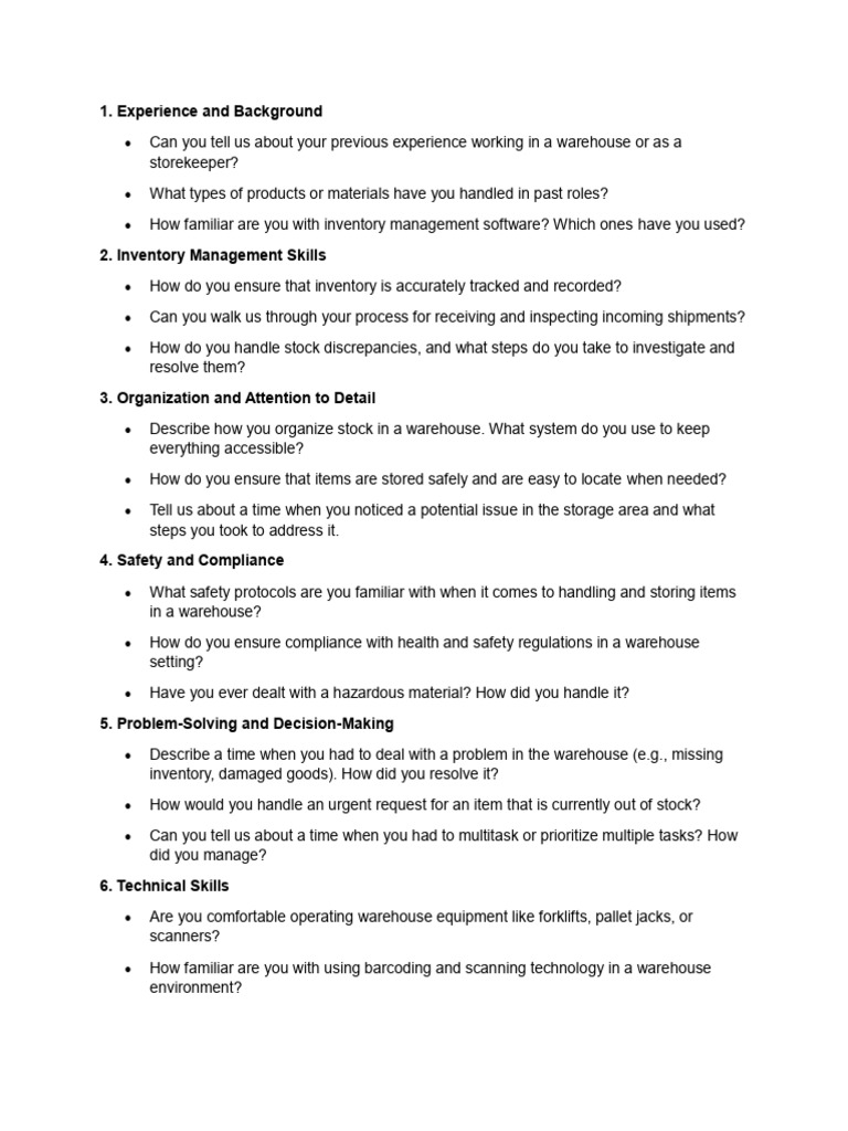 Warehouse Skills and Interview Questions | PDF | Warehouse | Inventory
