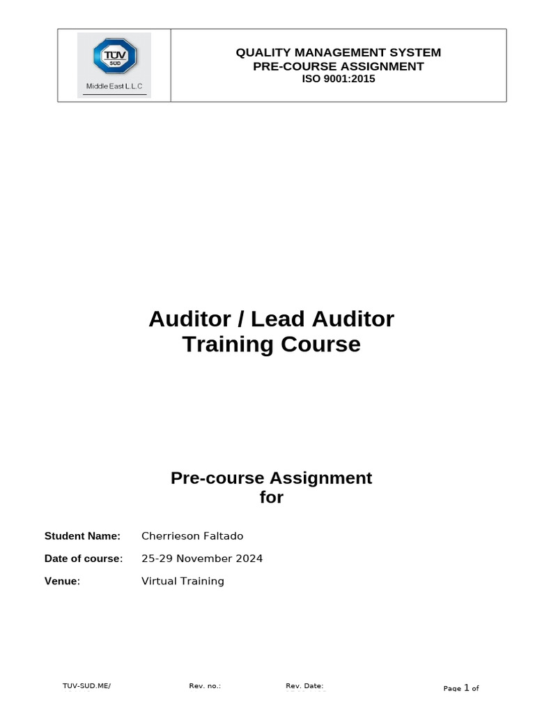 ISO 9001:2015 Pre-Course Assignment | PDF | Quality Management ...